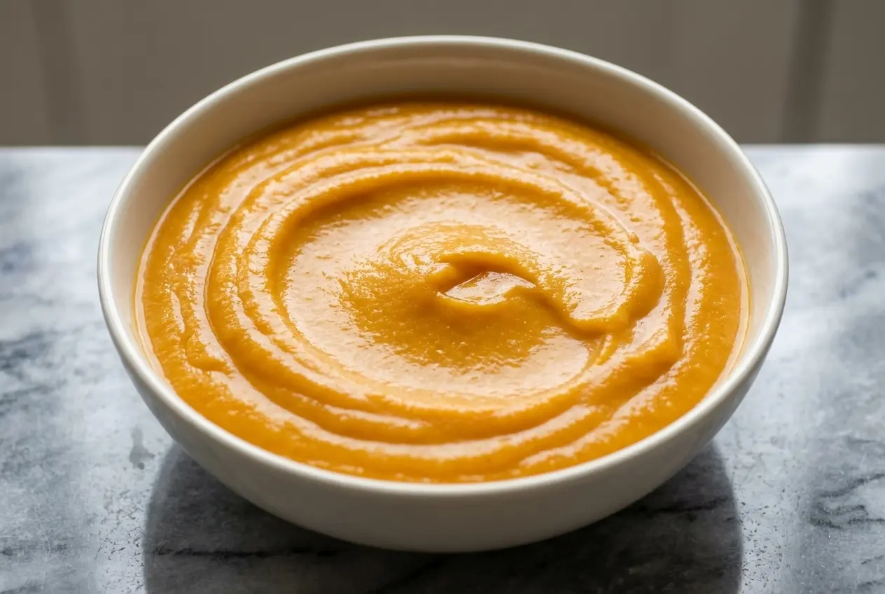 Vue rapprochée d'une purée de potimarron onctueuse servie dans un bol en céramique blanc, garnie de thym frais, sur une surface en marbre. La lumière naturelle accentue la texture veloutée obtenue grâce au potimarron rôti.