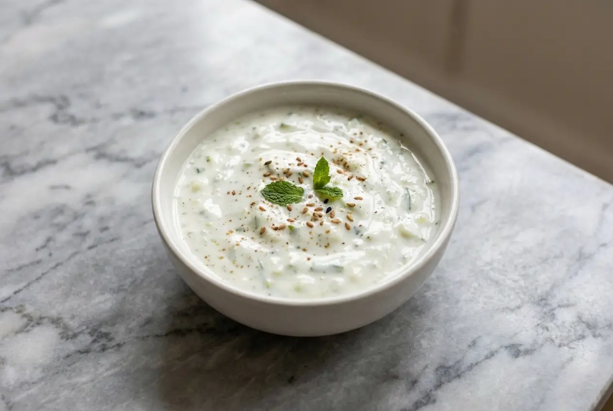 Gros plan photographique d'une raïta de concombre crémeuse, servie dans un bol en céramique minimaliste sur une surface en marbre blanc, saupoudrée de cumin noir torréfié et d'une pincée de chaat masala, avec une lumière naturelle créant des ombres douces.