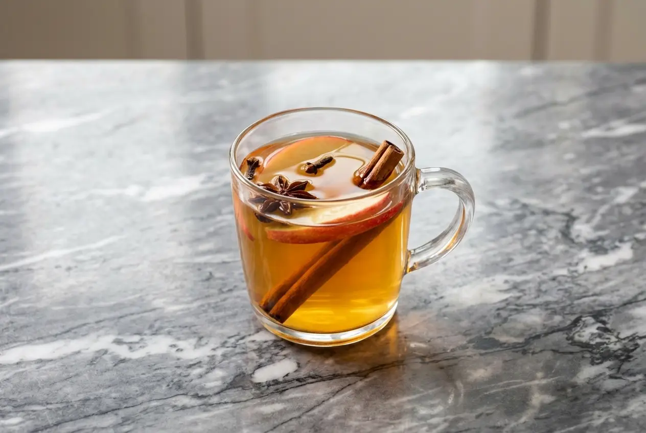Un verre de cidre chaud aux épices fumant, garni d'une tranche d'orange et d'un bâton de cannelle, avec une texture veloutée révélant la touche de beurre doux, sur un comptoir en marbre blanc.