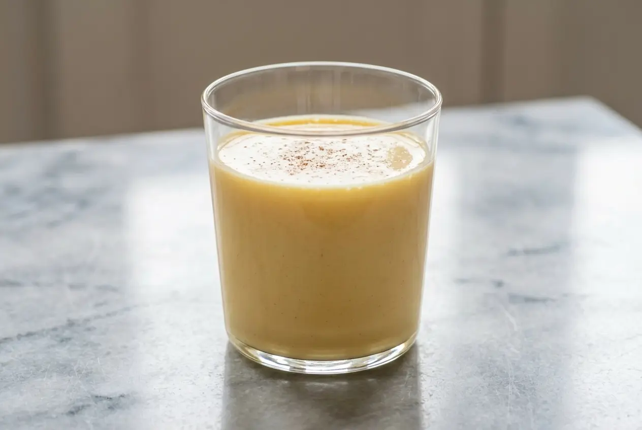 Recette du lait de poule crémeux servi dans une tasse en céramique, garni de muscade fraîchement râpée, avec des notes visibles d'infusion à la vanille et à l'orange, sur une surface en marbre blanc baignée de lumière naturelle.