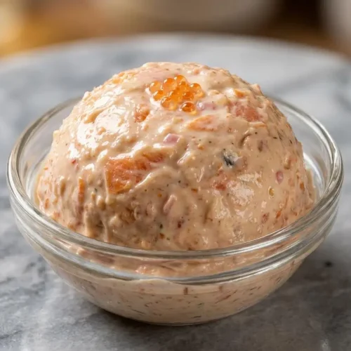 Vue rapprochée de rillettes de saumon crémeuses dans un bol en céramique, garnies d'œufs de saumon éclatants et d'aneth, sur une surface en marbre blanc.