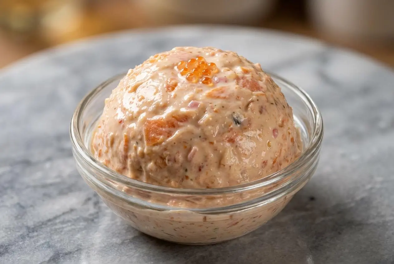 Vue rapprochée de rillettes de saumon crémeuses dans un bol en céramique, garnies d'œufs de saumon éclatants et d'aneth, sur une surface en marbre blanc.