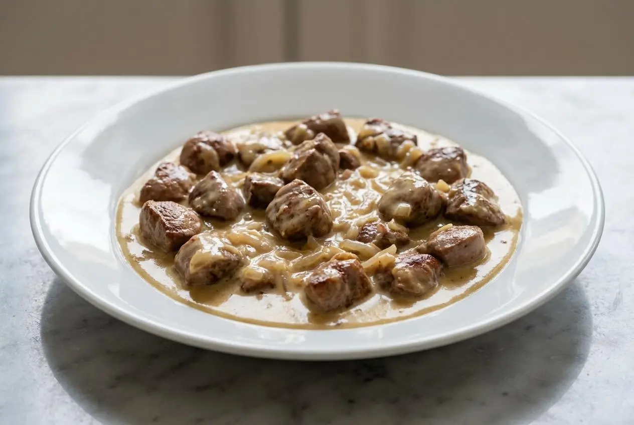 Rognons sauce moutarde servis dans une assiette creuse en céramique, nappés d'une sauce riche et onctueuse montée au beurre, sur un comptoir en marbre blanc baigné de lumière naturelle.
