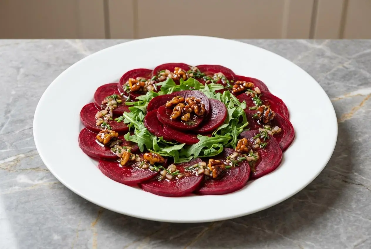 Salade de betteraves aux noix servie dans un bol en céramique blanche, vue de dessus sur un comptoir en marbre avec des noix caramélisées brillantes.