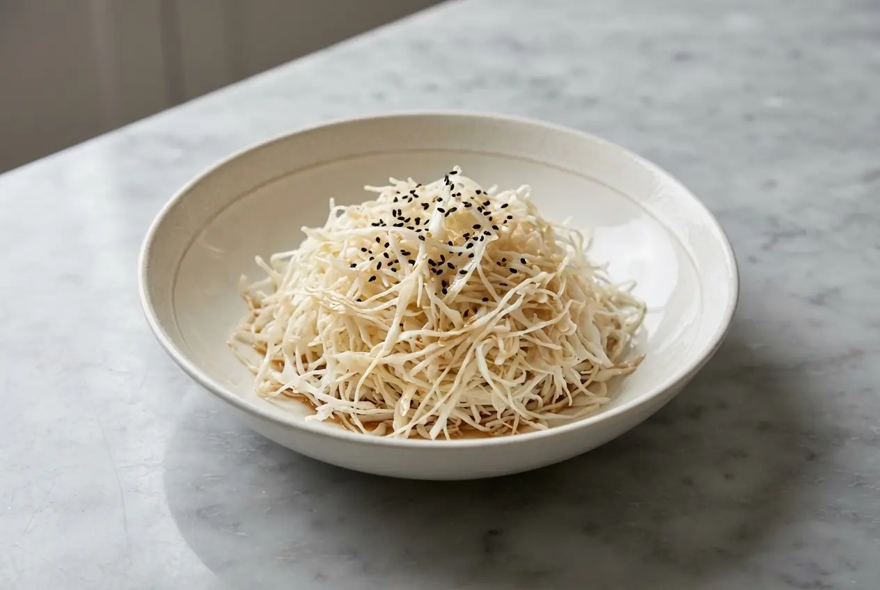 Gros plan sur une salade de chou blanc japonaise servie dans un bol minimaliste en céramique, nappée d'une vinaigrette émulsionnée au gingembre et parsemée de graines de sésame. Composition artistique sur une surface en marbre blanc, baignée de lumière naturelle.