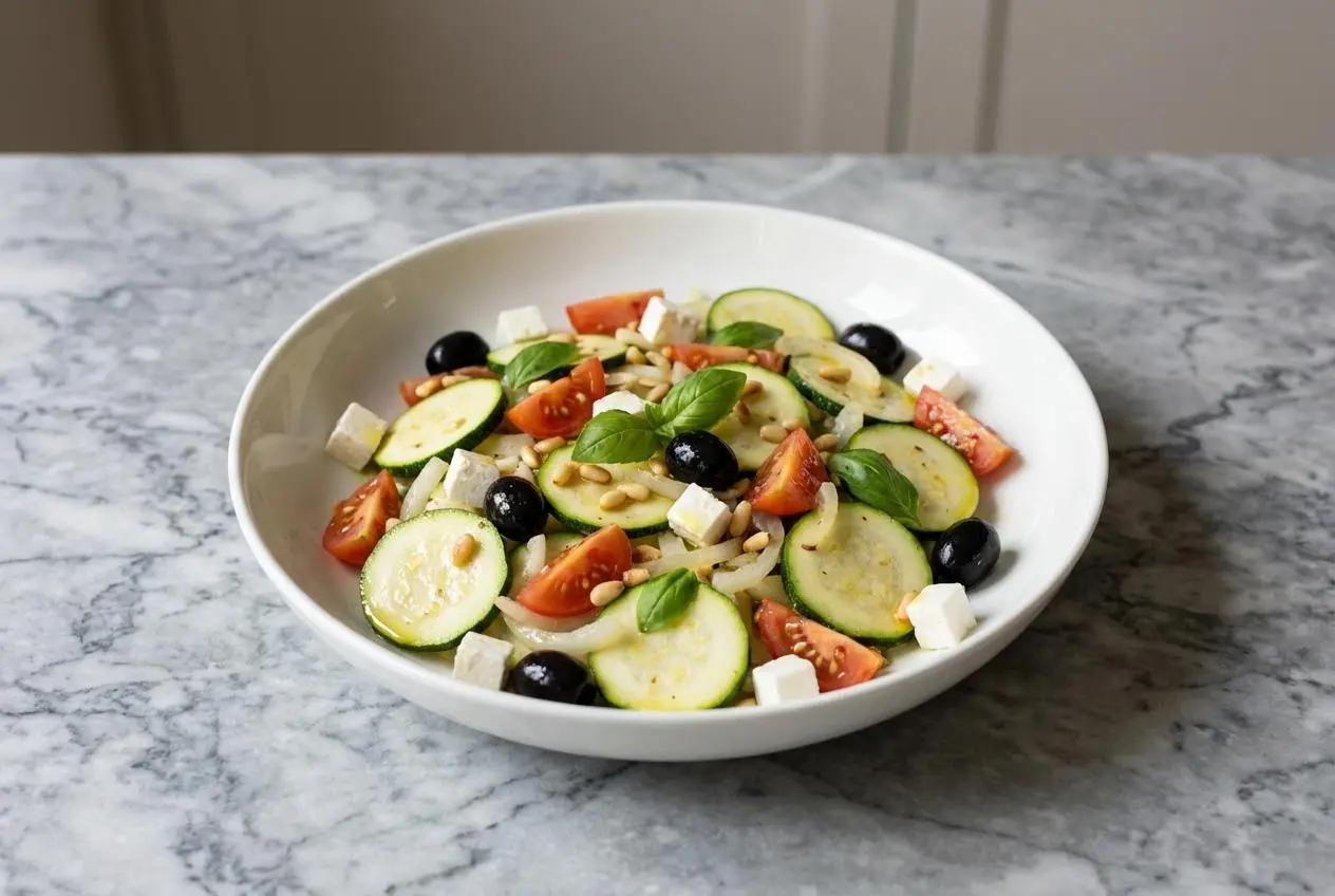 Salade de courgettes en rubans servie dans un bol en céramique blanche, parsemée de pignons de pin torréfiés dorés et de zeste de citron, photographiée en lumière naturelle sur une surface en marbre.