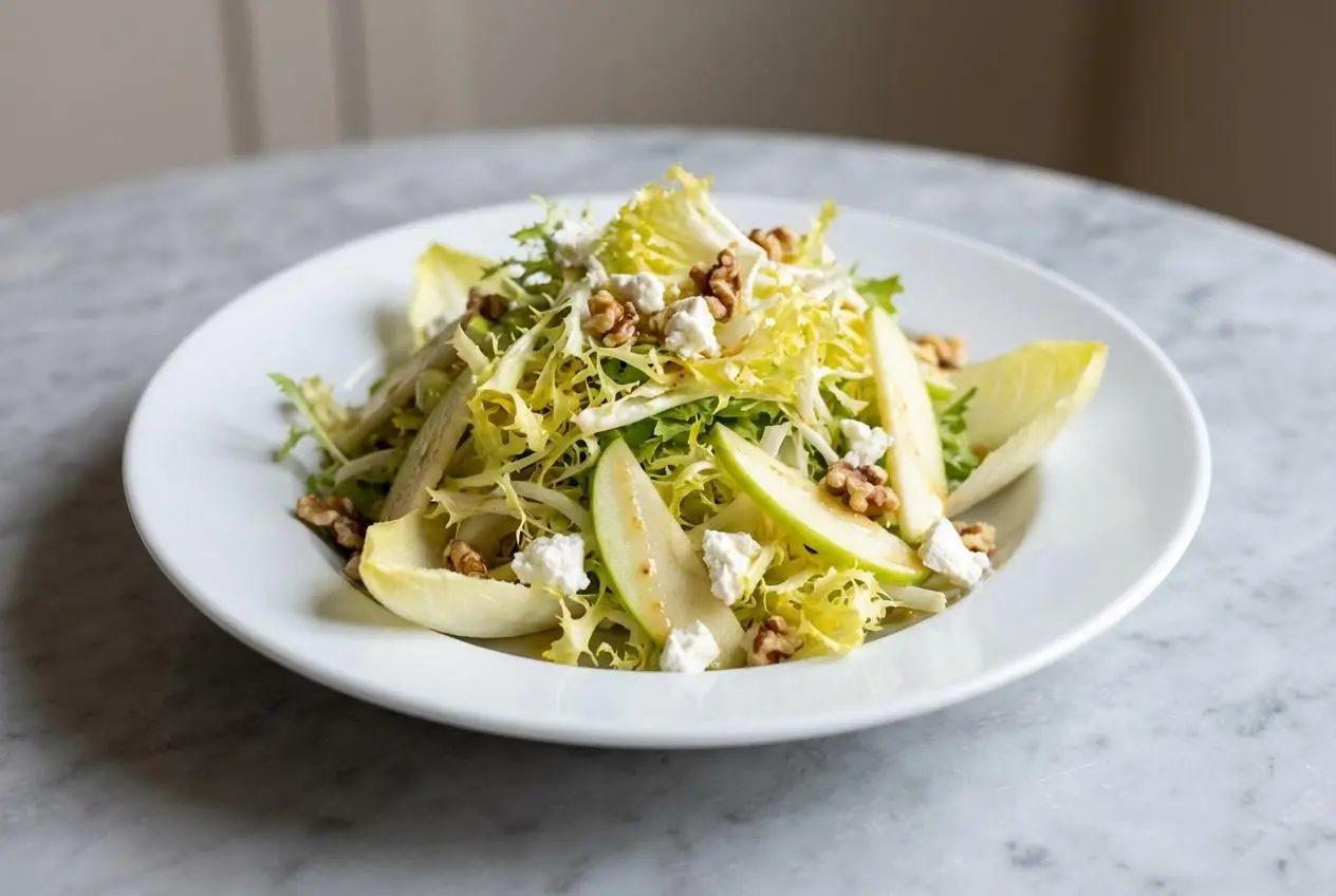 Salade de chicorée endive à la pomme et au chèvre, photographiée en plongée sur une surface en marbre blanc. La texture croquante des feuilles et des pommes est rehaussée par des toasts de chèvre chaud dorés, avec un éclairage de fenêtre doux.