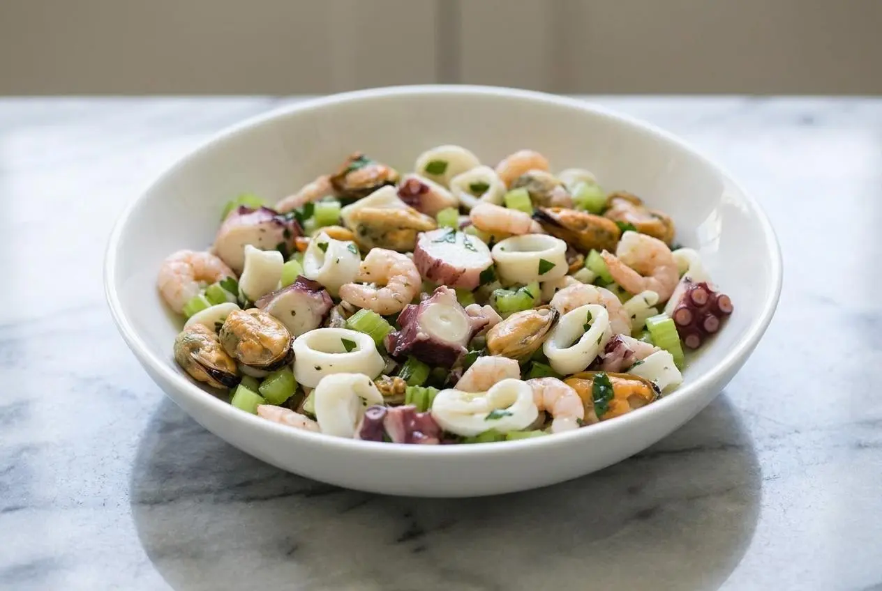 Vue de dessus d'une salade aux fruits de mer servie dans un bol en céramique blanc, arrosée d'une vinaigrette brillante à l'ail confit et aux agrumes. La lumière naturelle de la fenêtre crée des reflets sur les crevettes et le poulpe.