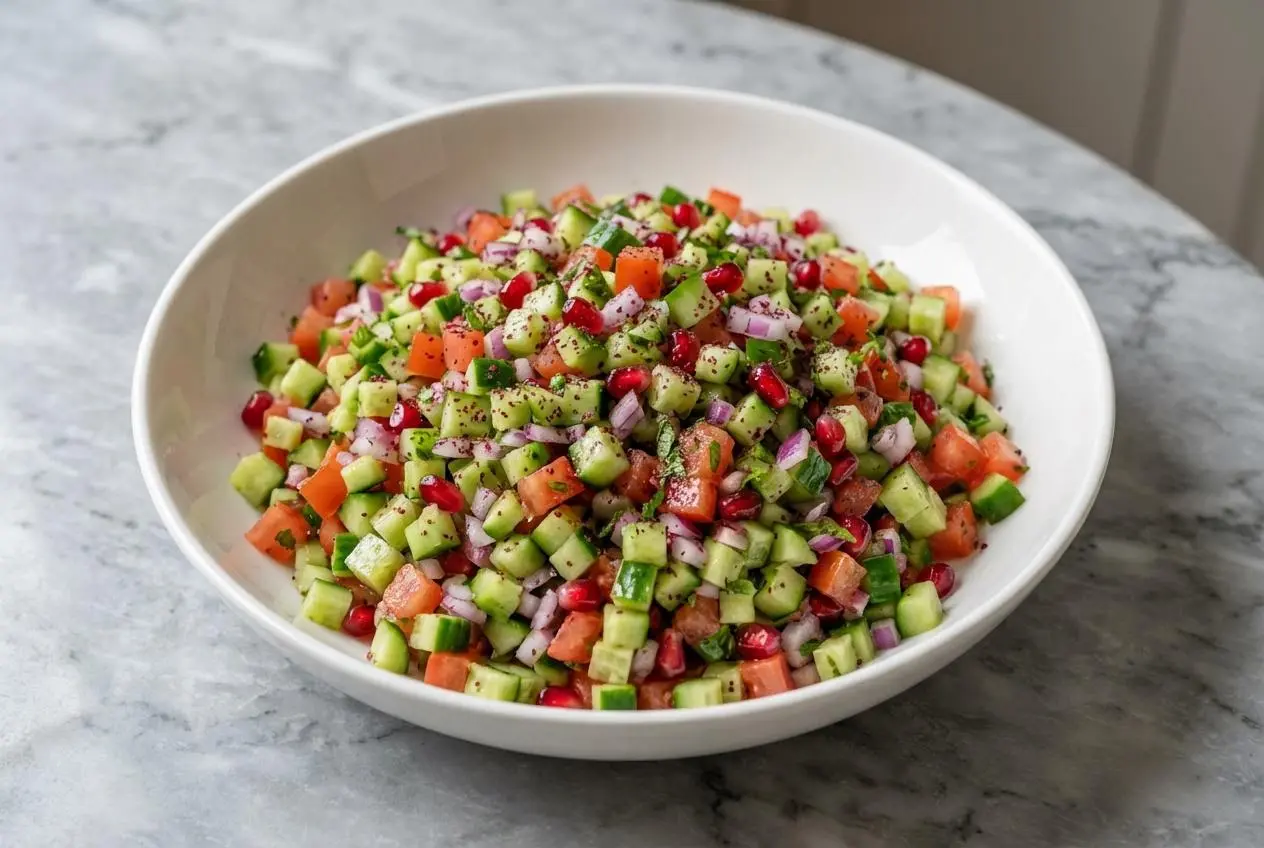 Une Salade Shirazi éclatante dans un bol en céramique minimaliste, photographiée en plongée sur une surface en marbre blanc. Les dés fins de concombre, tomate et oignon rouge brillent sous une vinaigrette au verjus, le tout baigné d'une lumière naturelle douce.