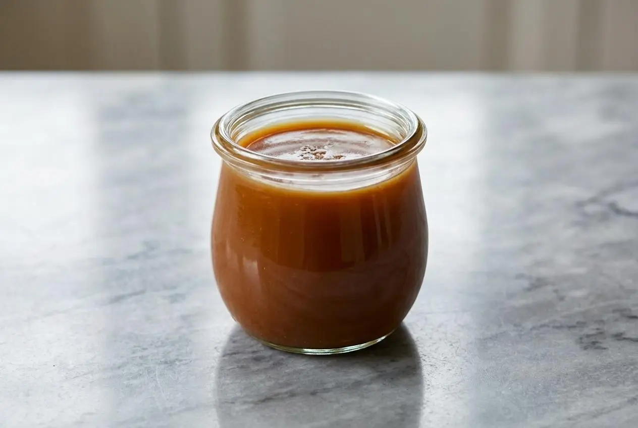 Sauce au caramel au beurre salé onctueuse dans un pot en céramique, avec des reflets ambrés dus au beurre noisette, photographiée en lumière naturelle sur une surface en marbre blanc.