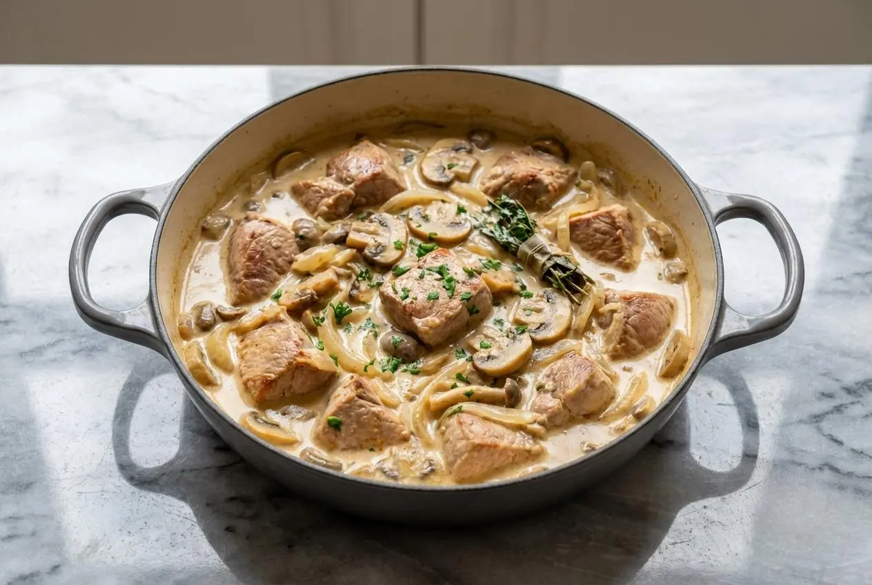 Sauté de veau aux champignons crémeux dans une assiette creuse en céramique, la sauce onctueuse étant visiblement enrichie par l'eau des cèpes. Vue en légère plongée sur une surface en marbre blanc, sous un éclairage naturel.