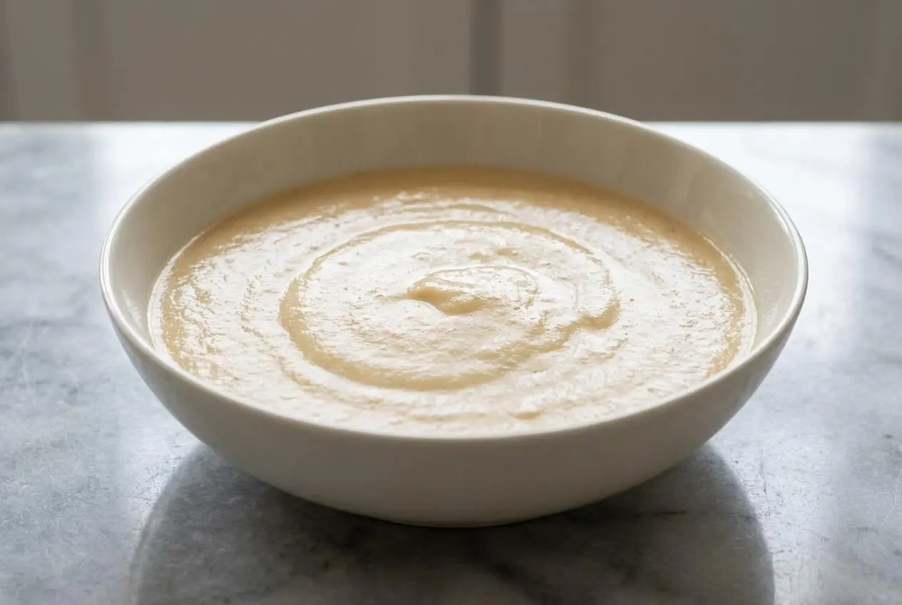 Vue de trois-quarts d'un bol en céramique blanche contenant une soupe de pain rassis onctueuse, sur laquelle flotte du Comté râpé fondant, le tout sur une surface en marbre blanc baignée de lumière naturelle.