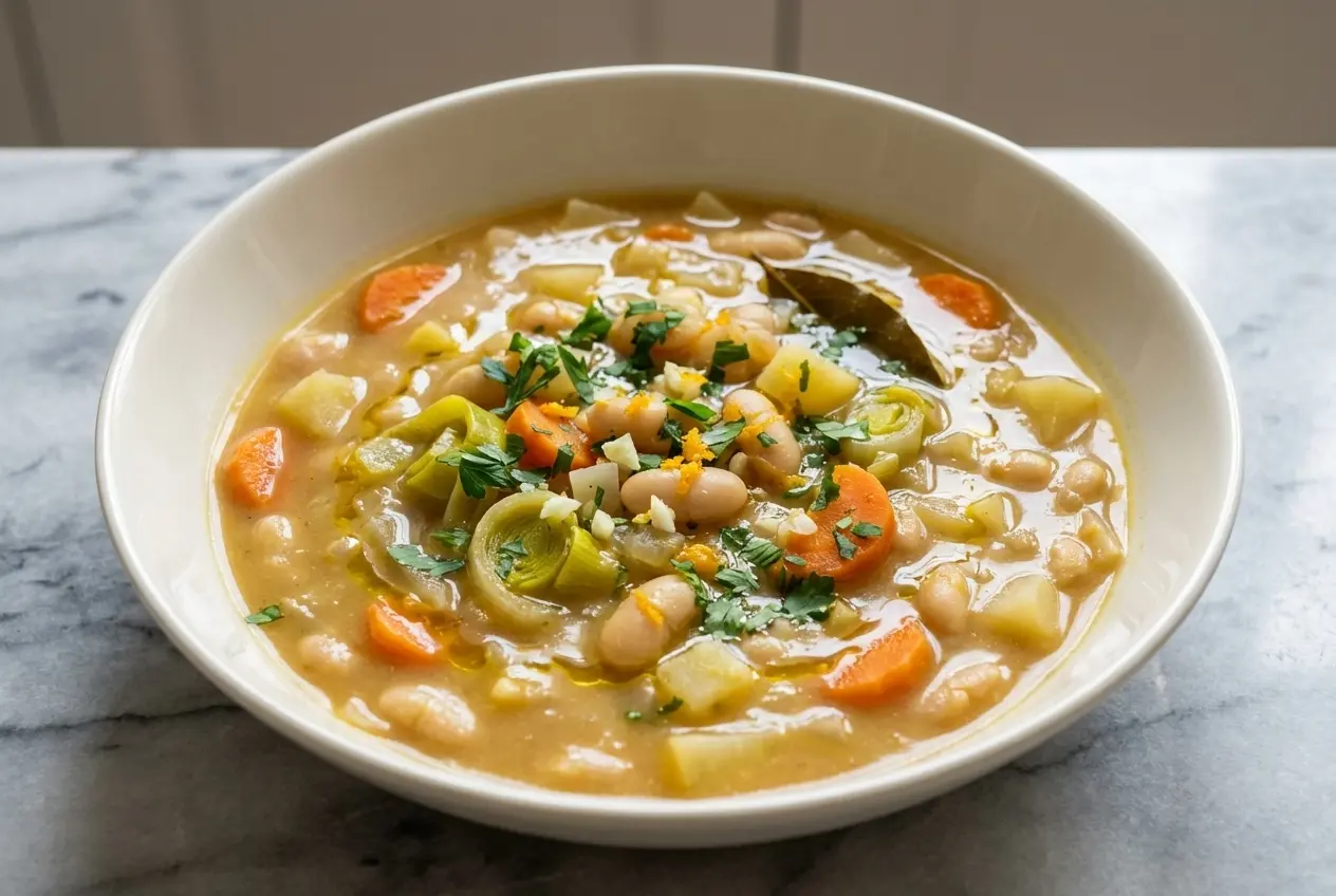 Soupe aux haricots blancs et légumes servie dans un bol en céramique minimaliste, garnie de gremolata fraîche au zeste d'orange. Vue en plongée sur une surface en marbre blanc, sous un éclairage naturel de fenêtre.