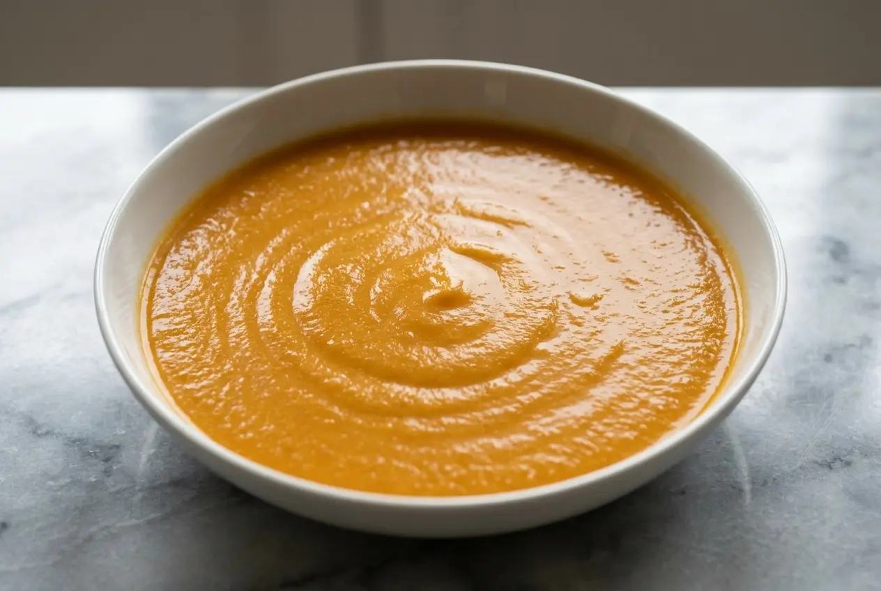 Soupe de potimarron et tomate crémeuse servie dans un bol en céramique, garnie d'une pincée de piment d'Espelette. Photographie culinaire avec mise au point sélective sur la texture veloutée, baignée d'une lumière naturelle de fenêtre.