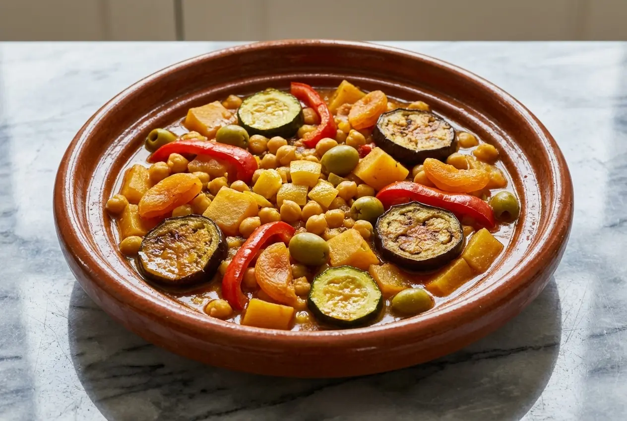 Un tajine de légumes végétarien servi dans un plat en céramique, photographié en vue rapprochée sous une lumière naturelle douce qui accentue la brillance de la sauce enrichie au beurre noisette.
