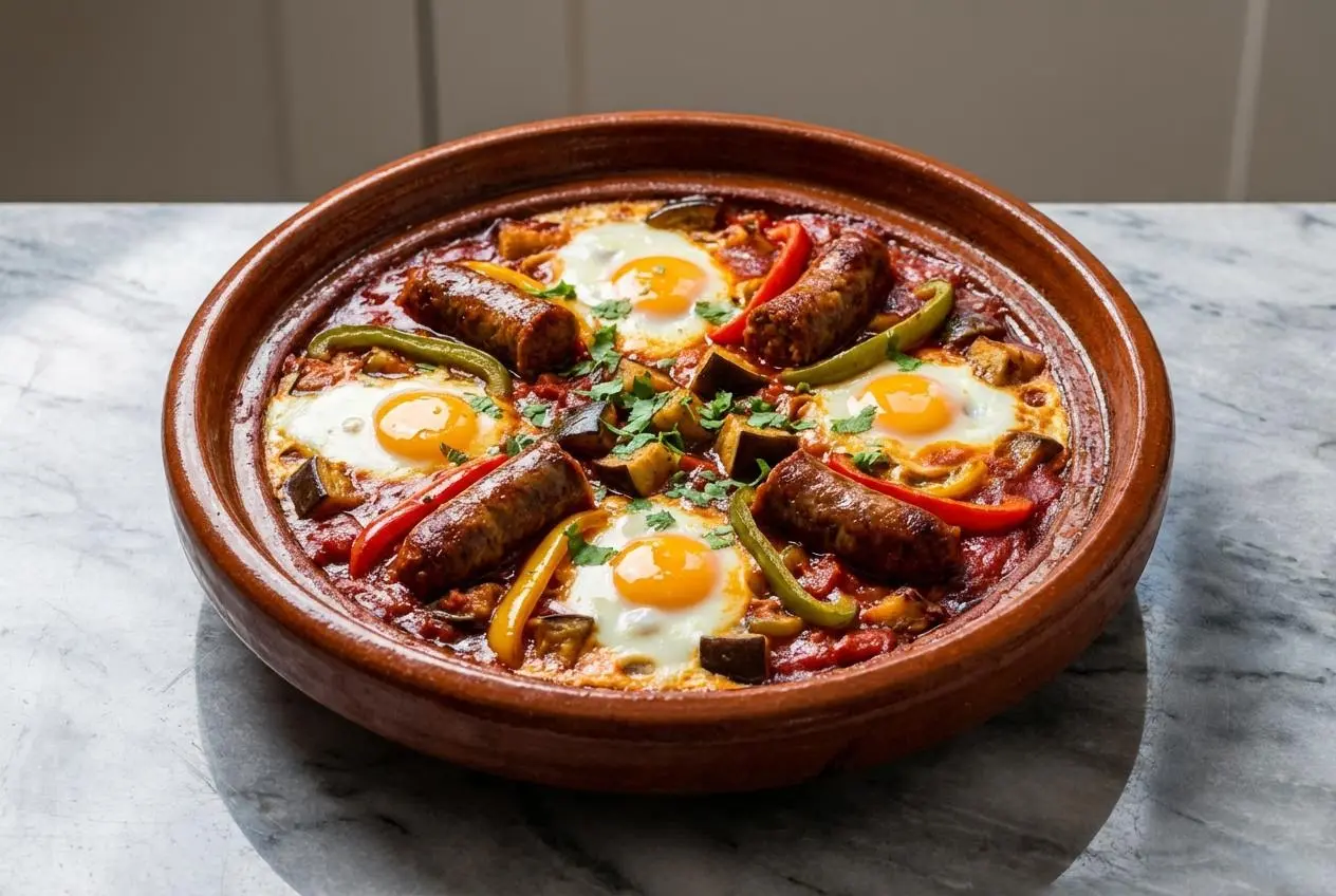 Vue de dessus d'un tajine de merguez aux oeufs servi dans son plat traditionnel, la sauce tomate brillante grâce à la mélasse de grenade, sur une surface en marbre blanc baignée de lumière naturelle.