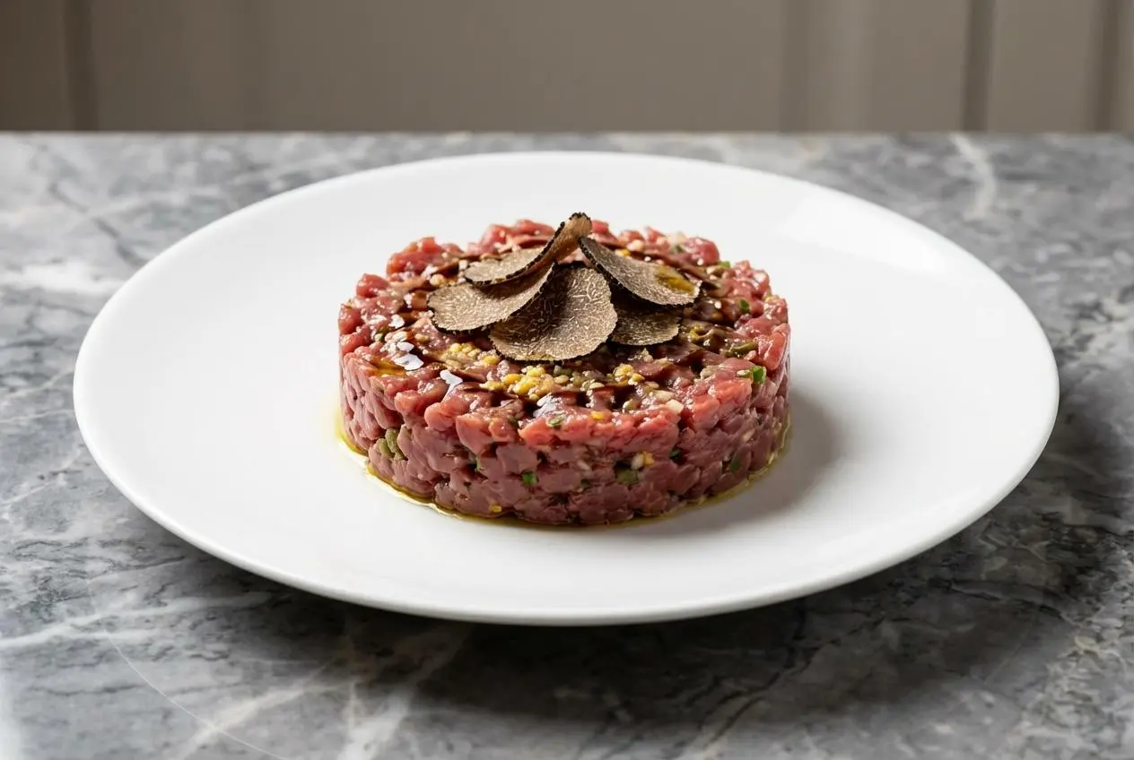 Tartare de veau à la truffe dressé en cercle sur une assiette en céramique, rehaussé de jaune d'œuf confit haché, sur un comptoir en marbre avec éclairage de fenêtre.