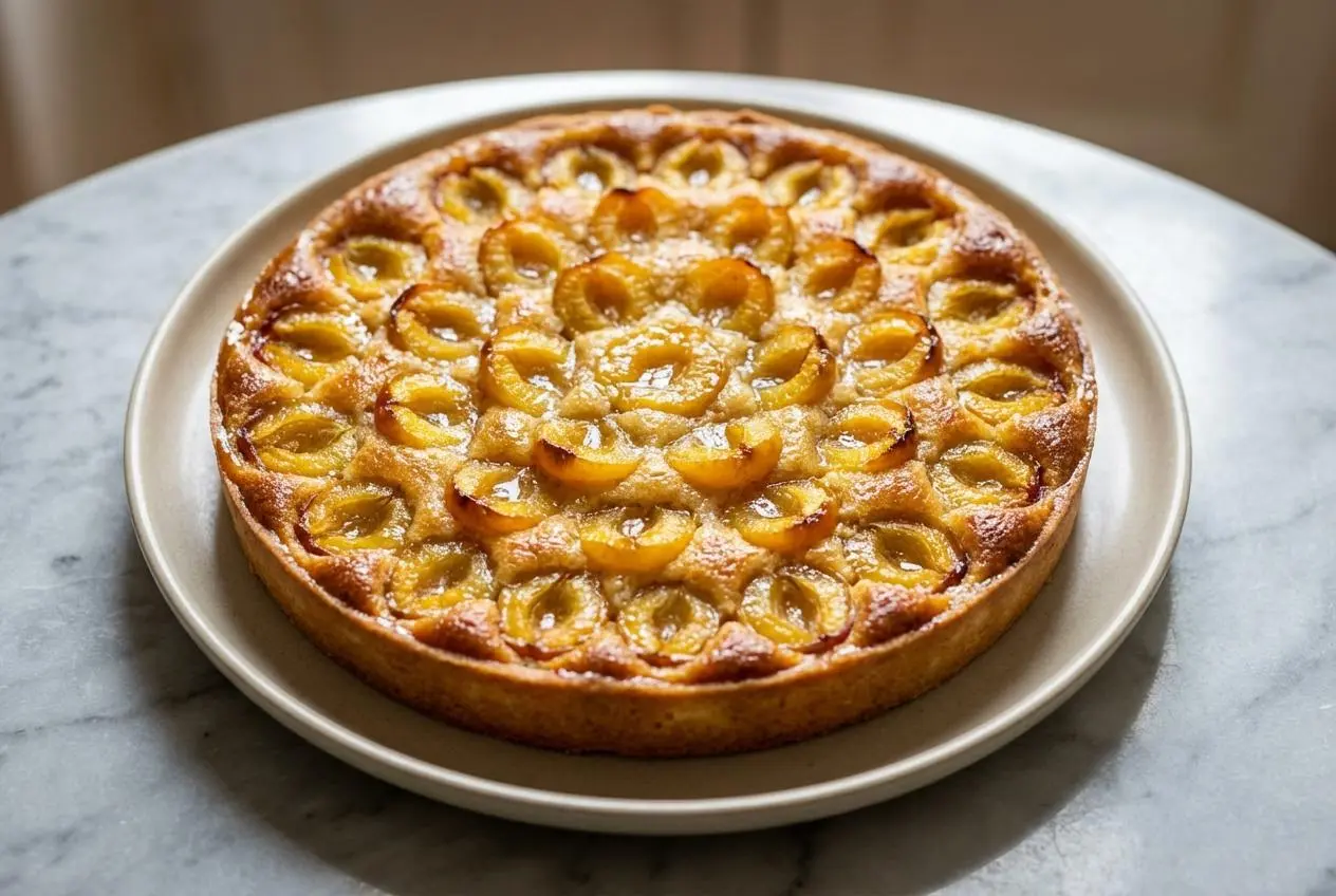 Vue en contre-plongée d'une tarte aux mirabelles dorée sur sa crème d'amandes, posée sur une surface en marbre blanc avec des ombres douces.