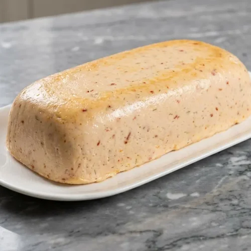 Une tranche de terrine de poisson au chorizo, révélant une texture moelleuse avec une croûte dorée au Panko et zeste de citron, posée sur une assiette en céramique minimaliste. La lumière naturelle de la fenêtre accentue les contrastes sur la surface en marbre blanc.