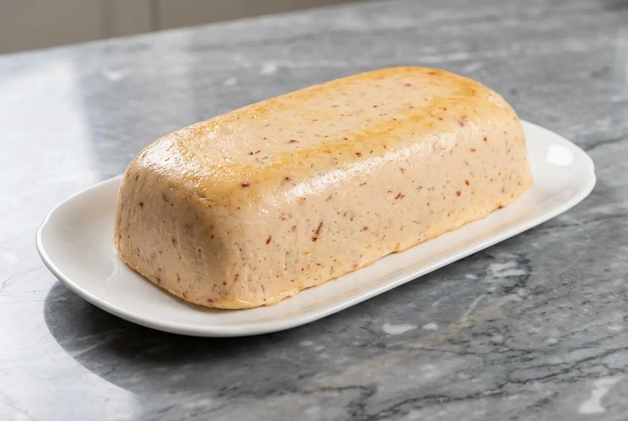Une tranche de terrine de poisson au chorizo, révélant une texture moelleuse avec une croûte dorée au Panko et zeste de citron, posée sur une assiette en céramique minimaliste. La lumière naturelle de la fenêtre accentue les contrastes sur la surface en marbre blanc.