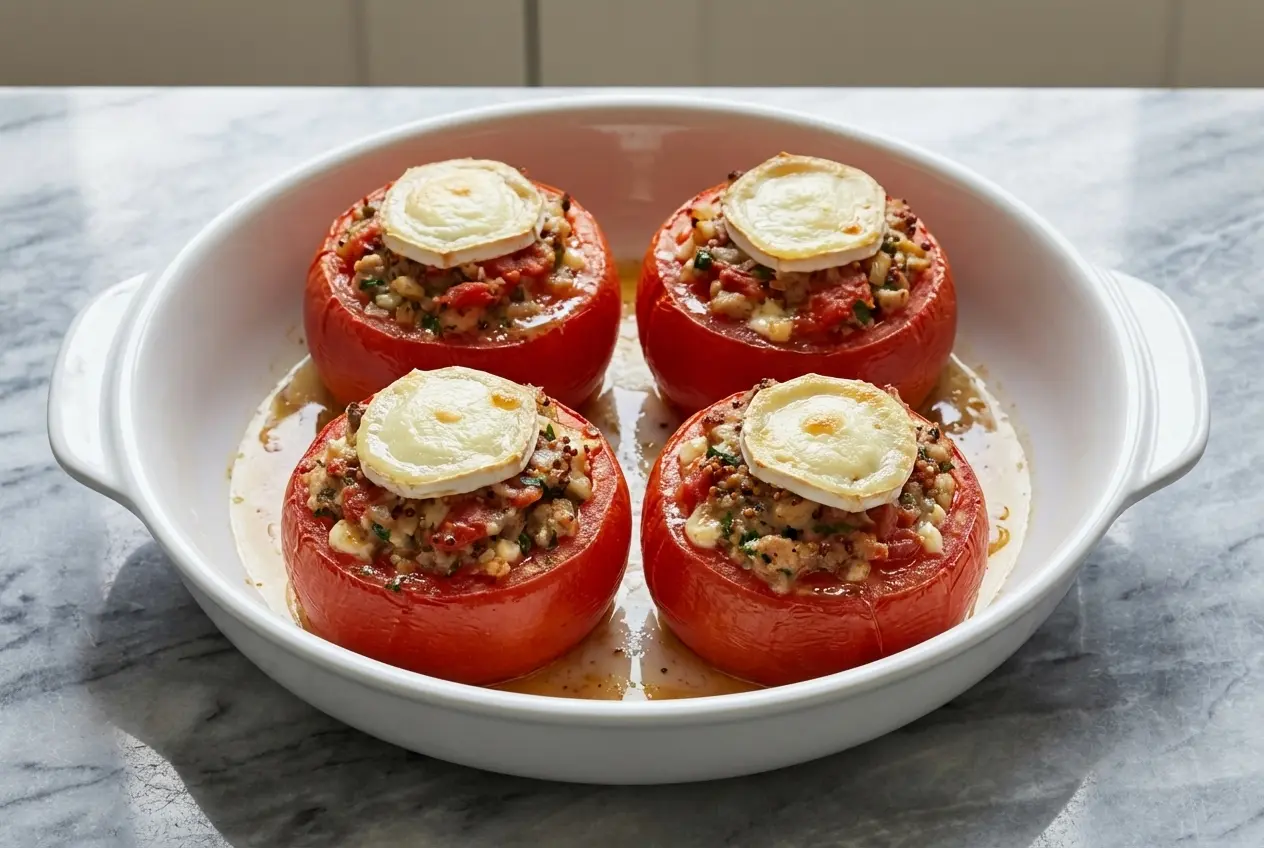 Vue rapprochée de tomates farcies au poulet dorées, gratinées avec une rondelle de fromage de chèvre, servies dans un plat en céramique sur un comptoir en marbre blanc.