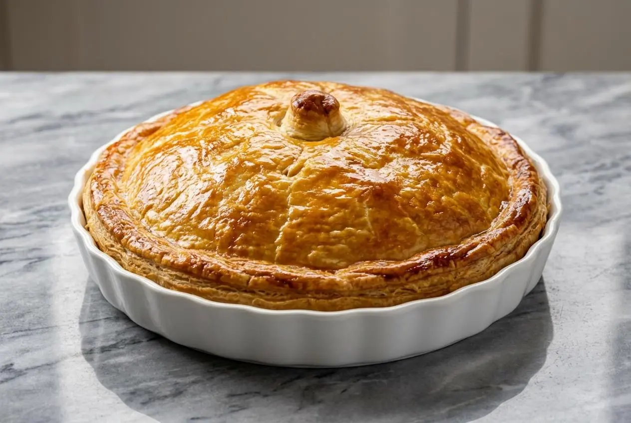 Tourte de Pâques aux trois fromages dorée, une part coupée révélant un cœur fondant de fromages et des œufs durs, posée sur une surface en marble blanc sous une lumière naturelle douce.
