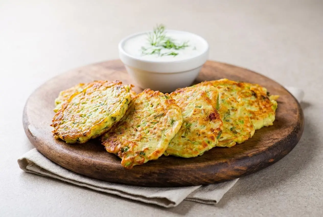Plusieurs beignets aux courgettes dorés et croustillants servis dans un bol rustique en céramique.