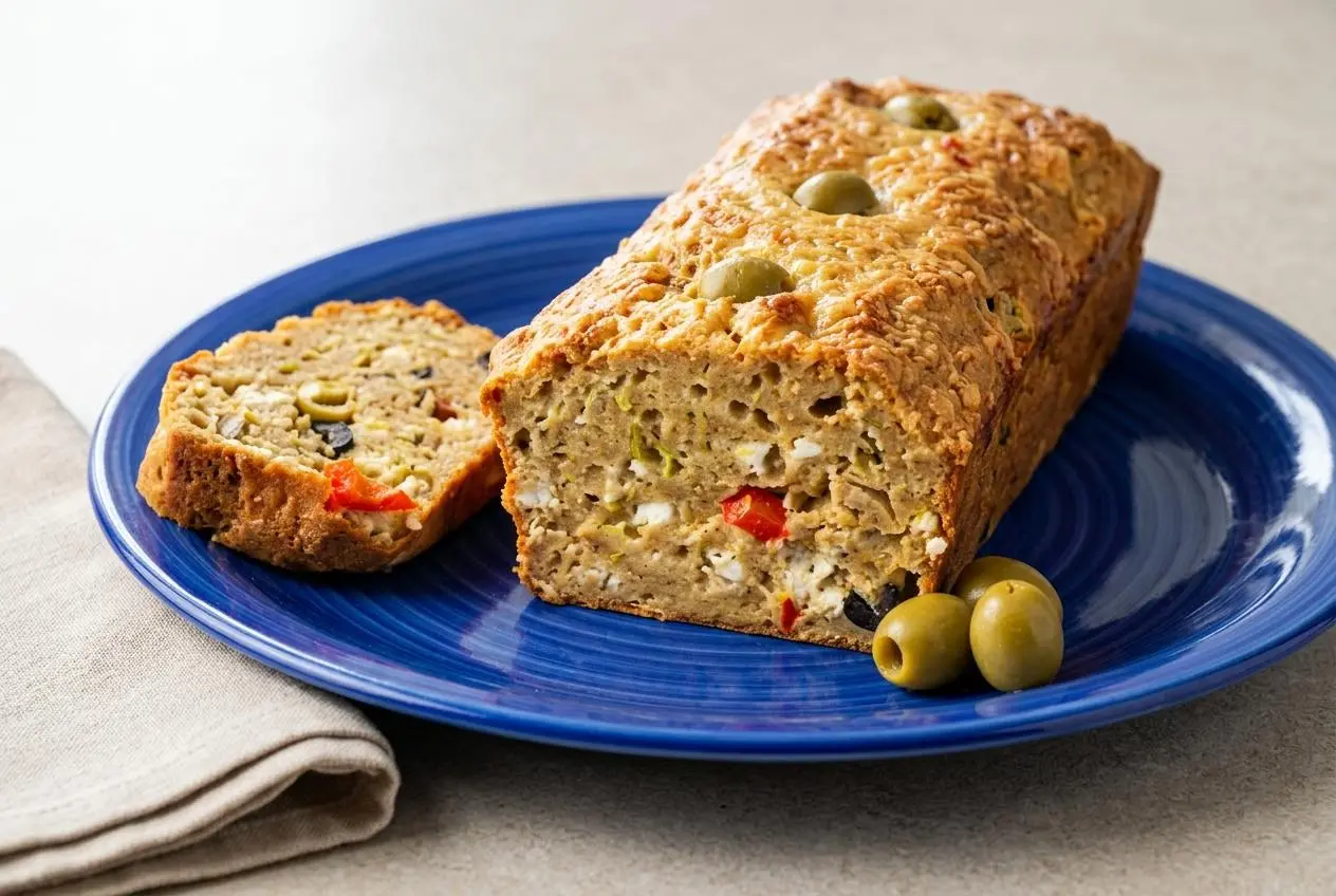 Cake salé sans gluten doré et tranché, montrant une mie moelleuse avec courgette, fêta et olives.