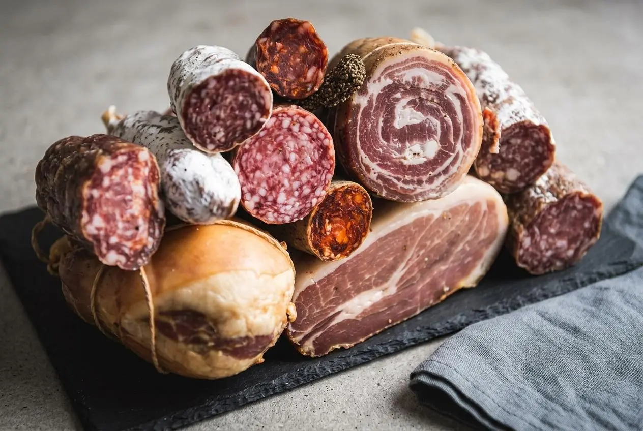 Saucisson sec de charcuterie maison, entier et en tranches sur une ardoise, révélant une texture ferme et une couleur riche.