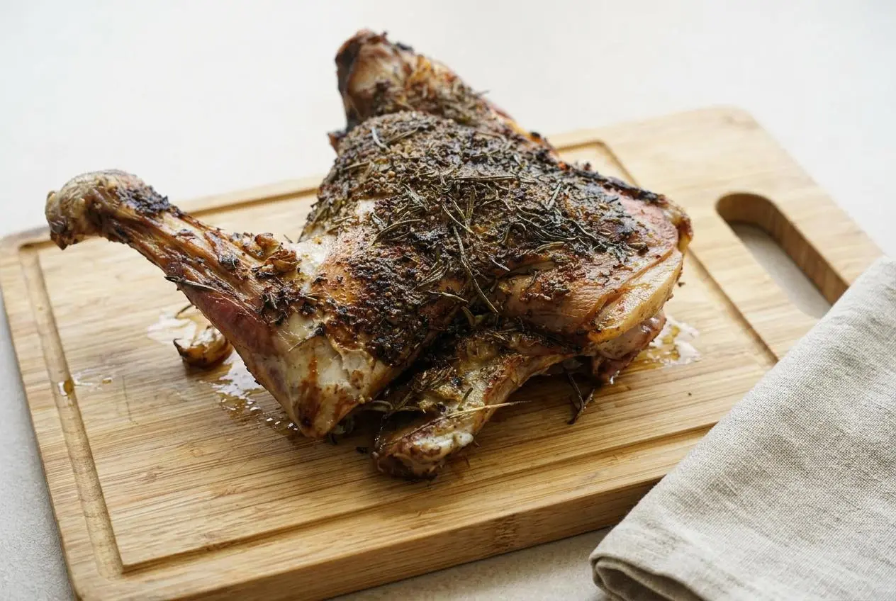 Un chevreau au four entier, rôti à la perfection avec une peau dorée, servi dans son plat de cuisson avec de l'ail en chemise et du romarin.