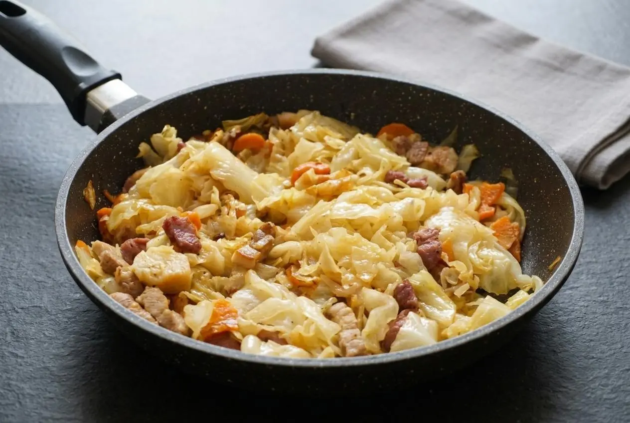 Chou braisé fondant et savoureux servi dans une cocotte en fonte, avec des lanières de chou, des carottes et des lardons visibles.