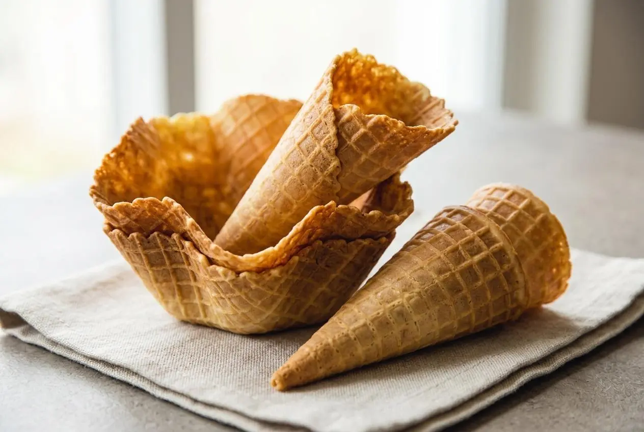 Plusieurs cornets de glace maison, dorés et croustillants, présentés dans des verres sur une table en bois rustique.