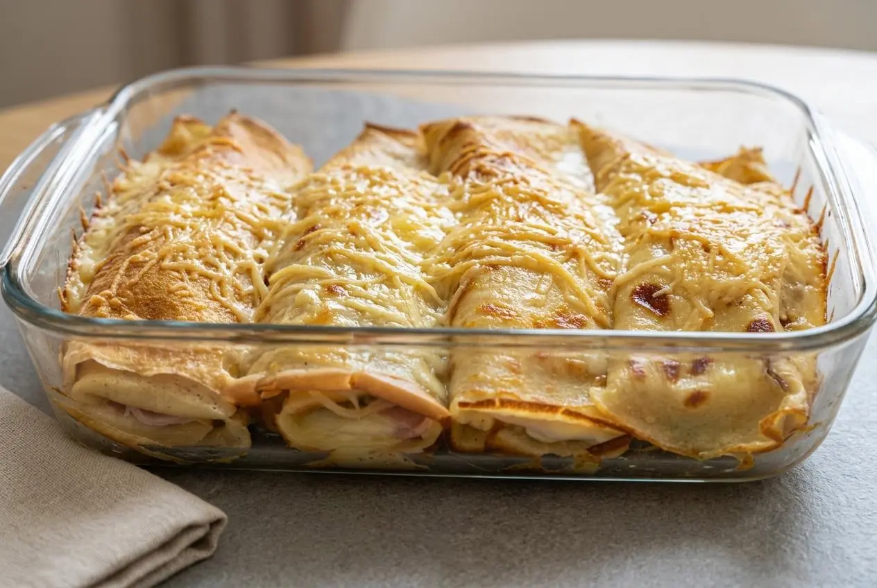 Crêpes jambon fromage béchamel au four dans un plat à gratin, avec une surface dorée et fondante.