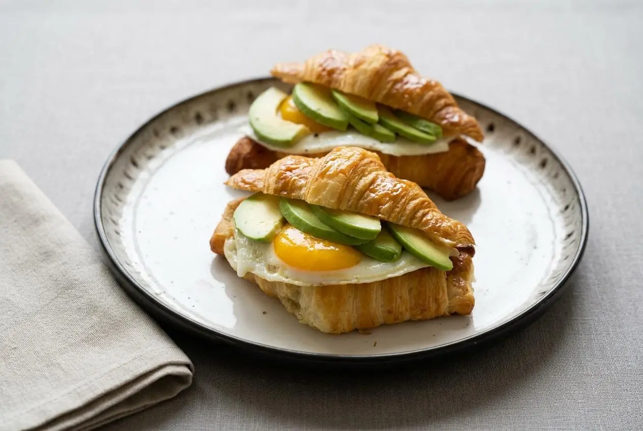 A golden croissant avocado topped with creamy mashed avocado and a perfectly fried egg, showing a savory and satisfying brunch dish.