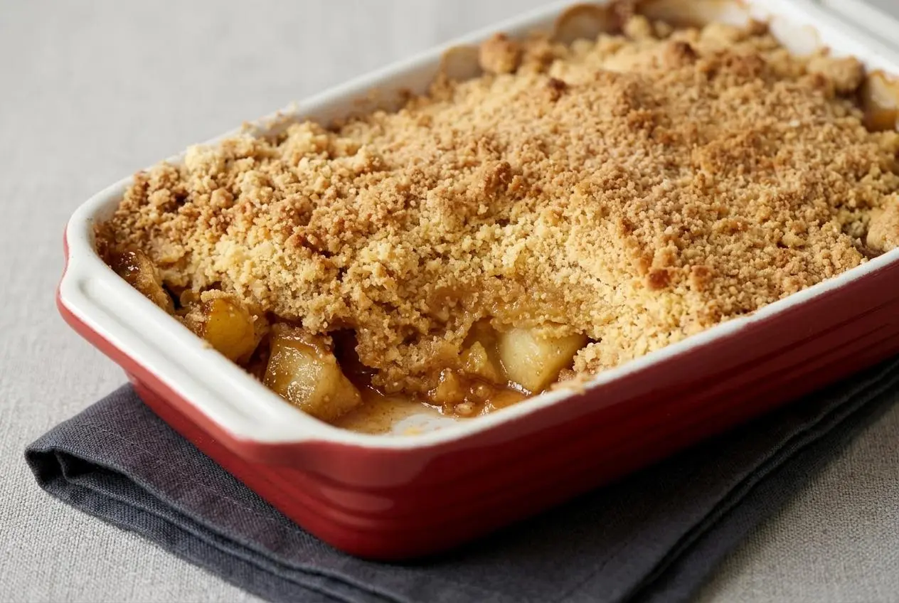 Crumble aux pommes maison dans un plat de service, avec une croûte dorée et croustillante.