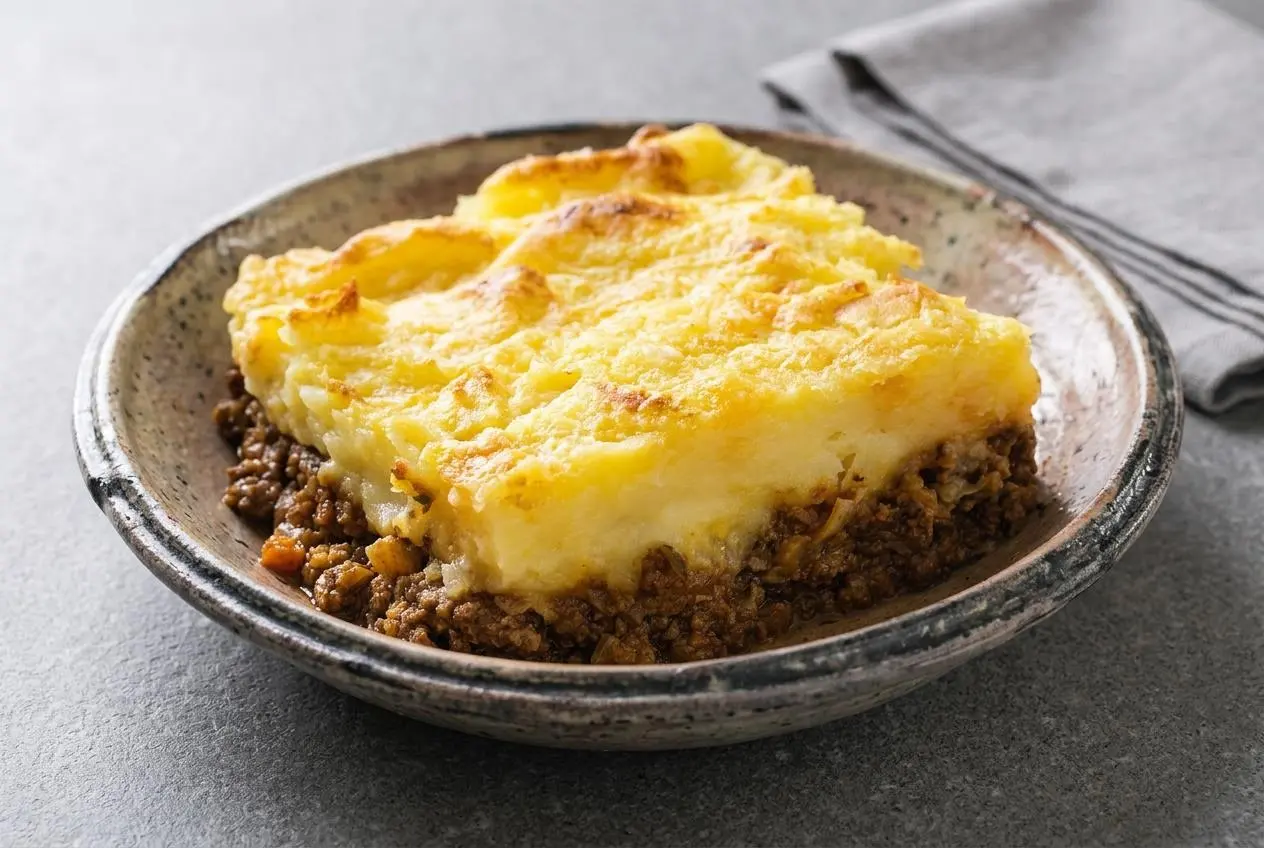 Hachis Parmentier facile servi dans un plat à gratin, avec une croûte dorée et un intérieur crémeux visible.