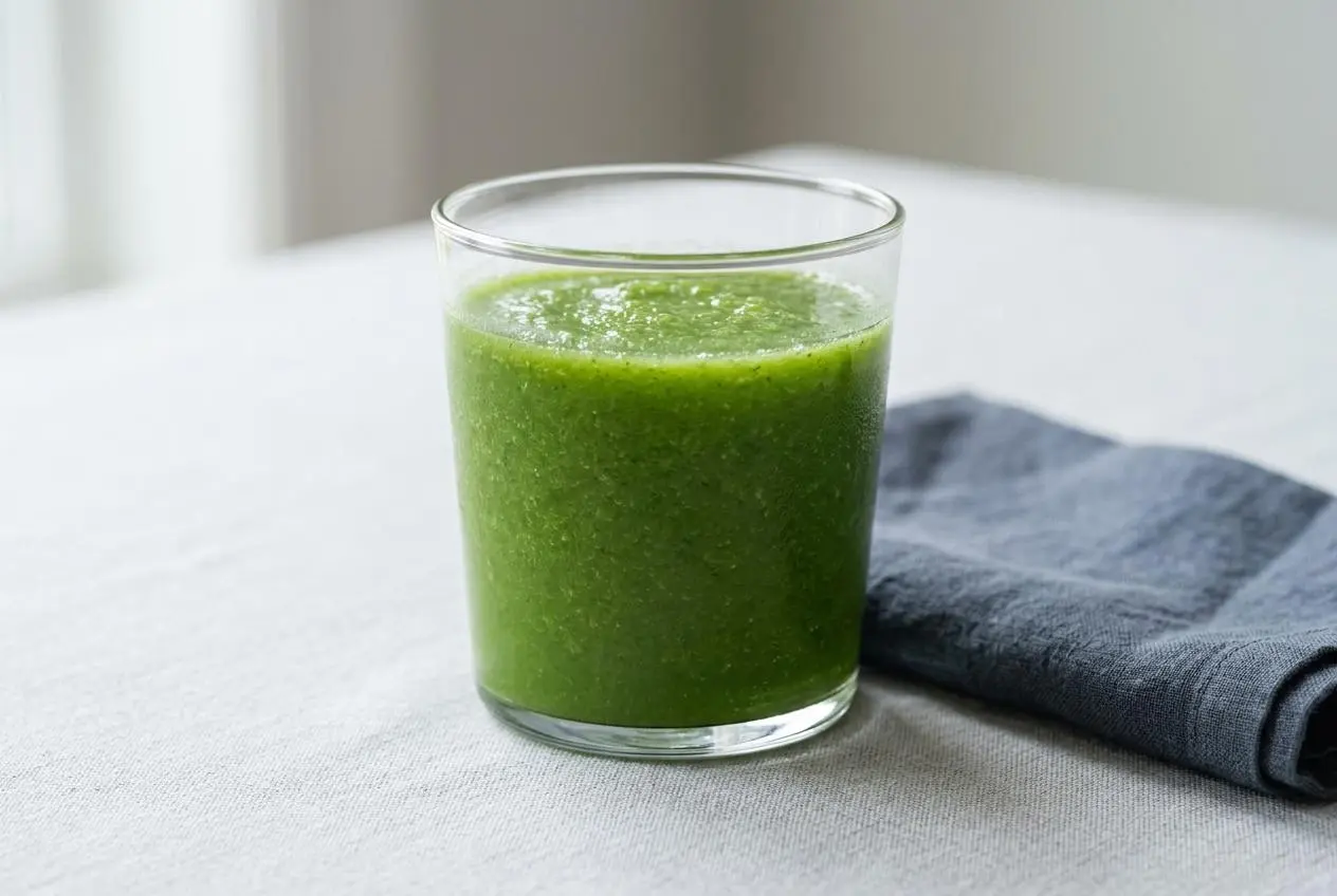 Un verre de jus d'épinard et pomme d'un vert éclatant, servi à côté d'une pomme verte et de feuilles d'épinards frais.