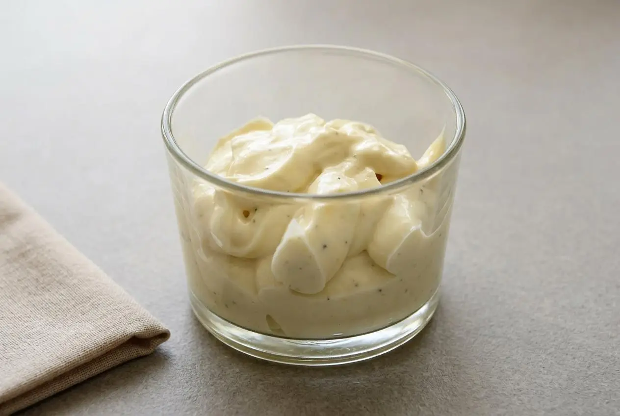 Mayonnaise sans oeuf crémeuse et ferme dans un bol blanc avec une cuillère, sur une surface sombre.