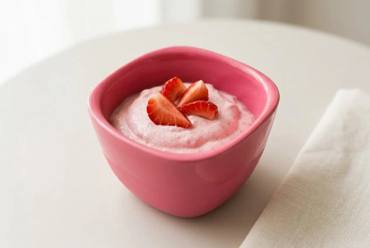 Mousse aux fraises crémeuse et aérienne servie dans une verrine en verre, garnie de fraises fraîches en éventail.