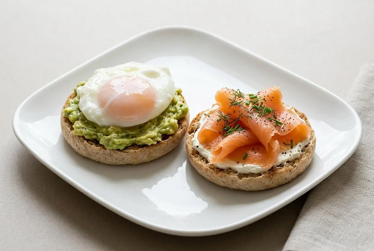 Deux muffins avocat saumon savoureux, garnis de tranches d'avocat, de saumon fumé et d'un œuf au plat sur un muffin anglais toasté.