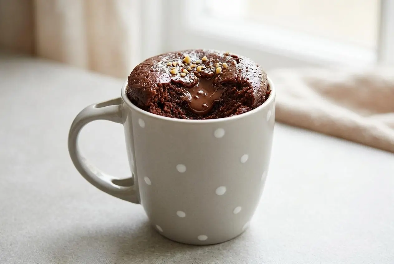 A rich mug cake nutella in a dark mug, with a spoon revealing its molten, gooey chocolate center.