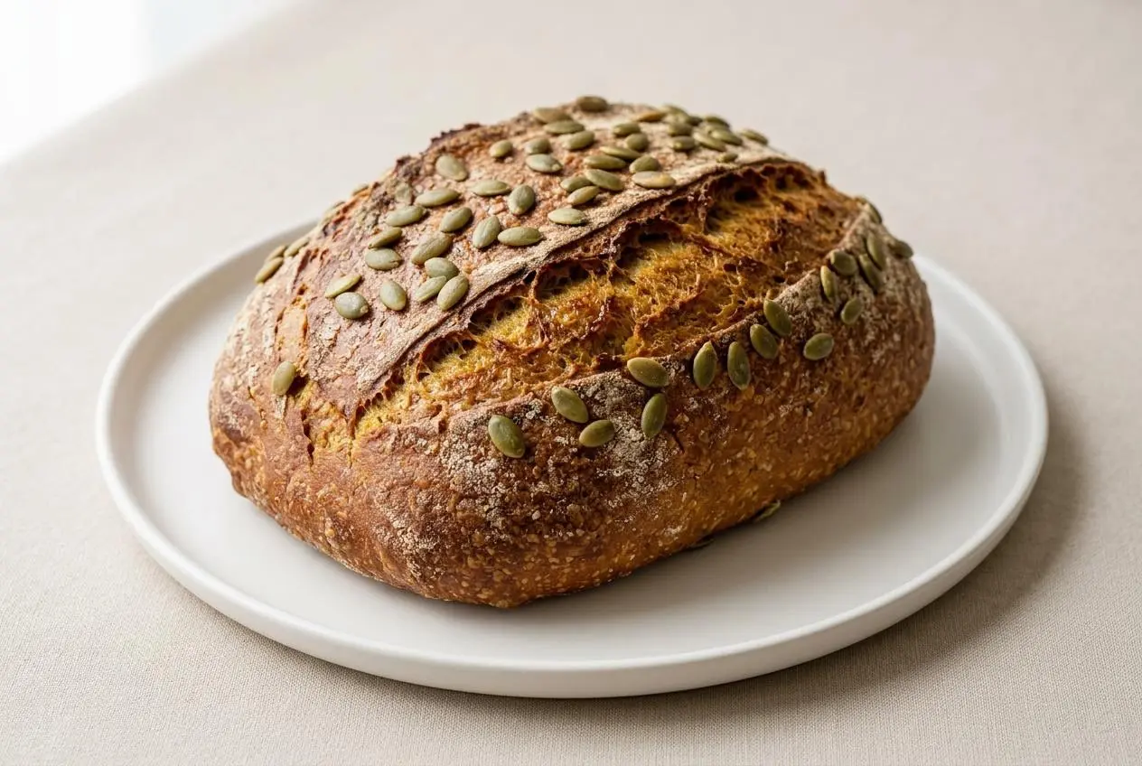 Pain à la courge maison, tranché pour révéler une mie orange et moelleuse, posé sur une surface sombre.