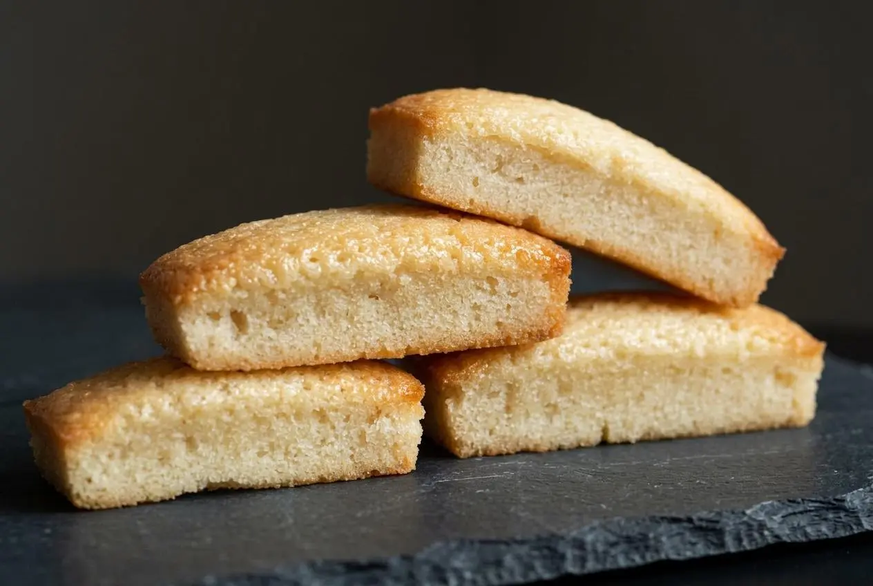 Pile de financiers aux amandes, dorés et moelleux, sur une assiette foncée.