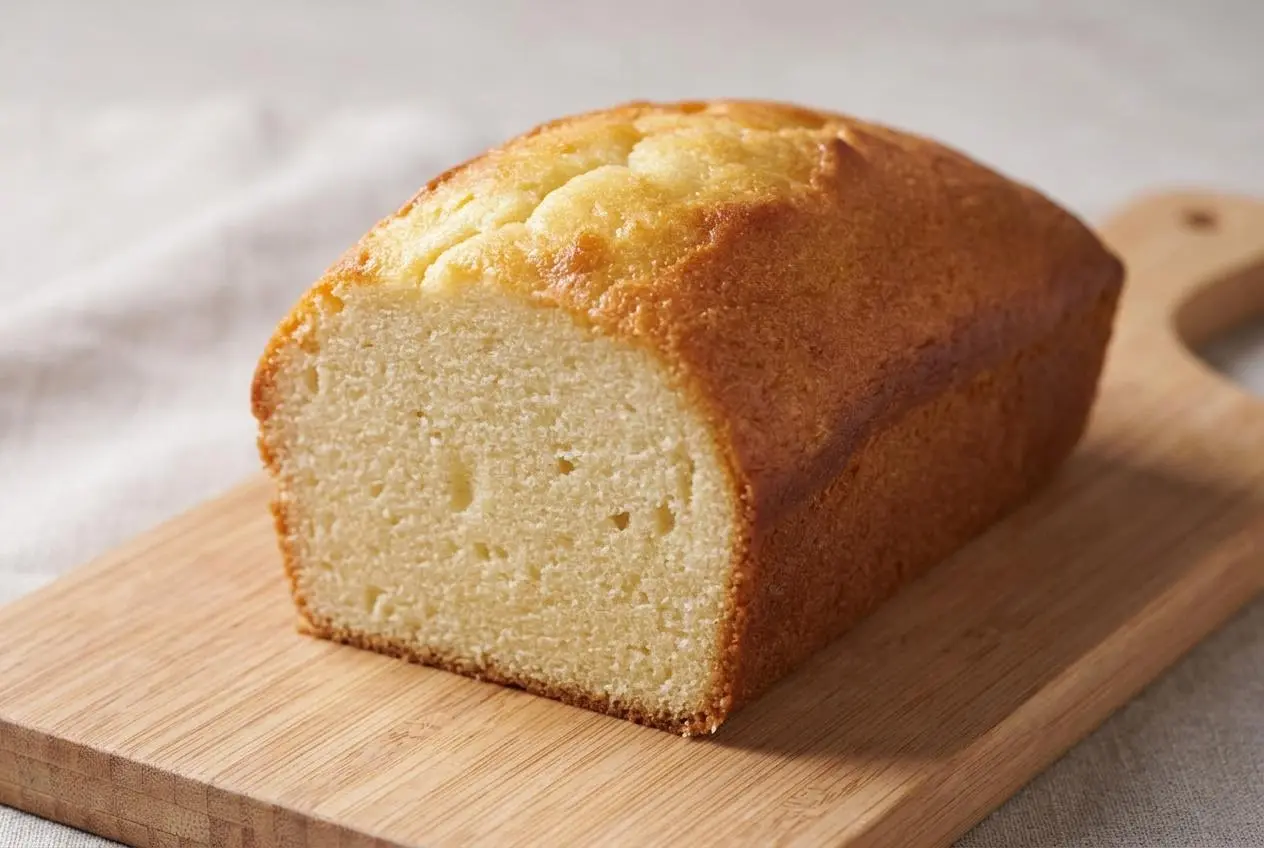 Recette du gâteau au yaourt entier et doré sur un plat de service, avec une part coupée révélant une mie parfaitement moelleuse.