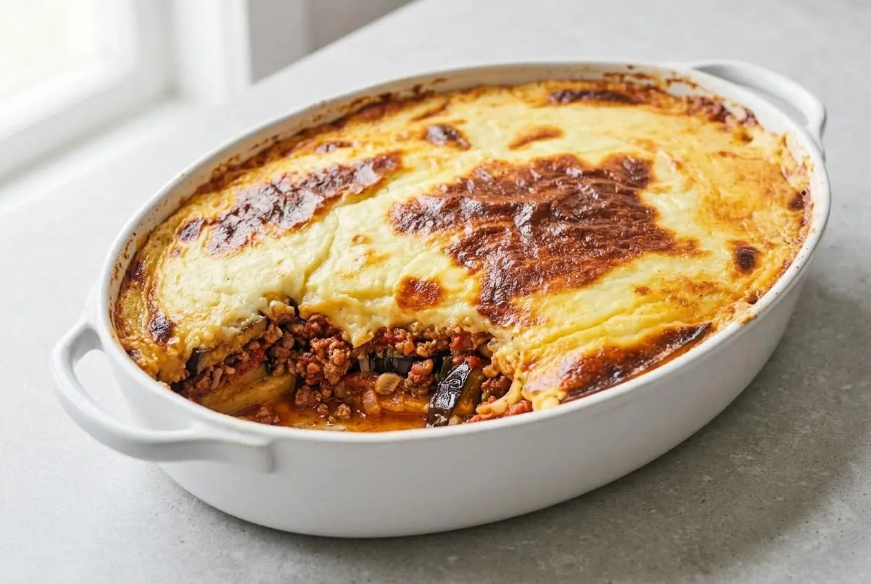 A homemade recette moussaka in a blue ceramic baking dish, with one slice on a plate revealing layers of eggplant, meat sauce, and creamy