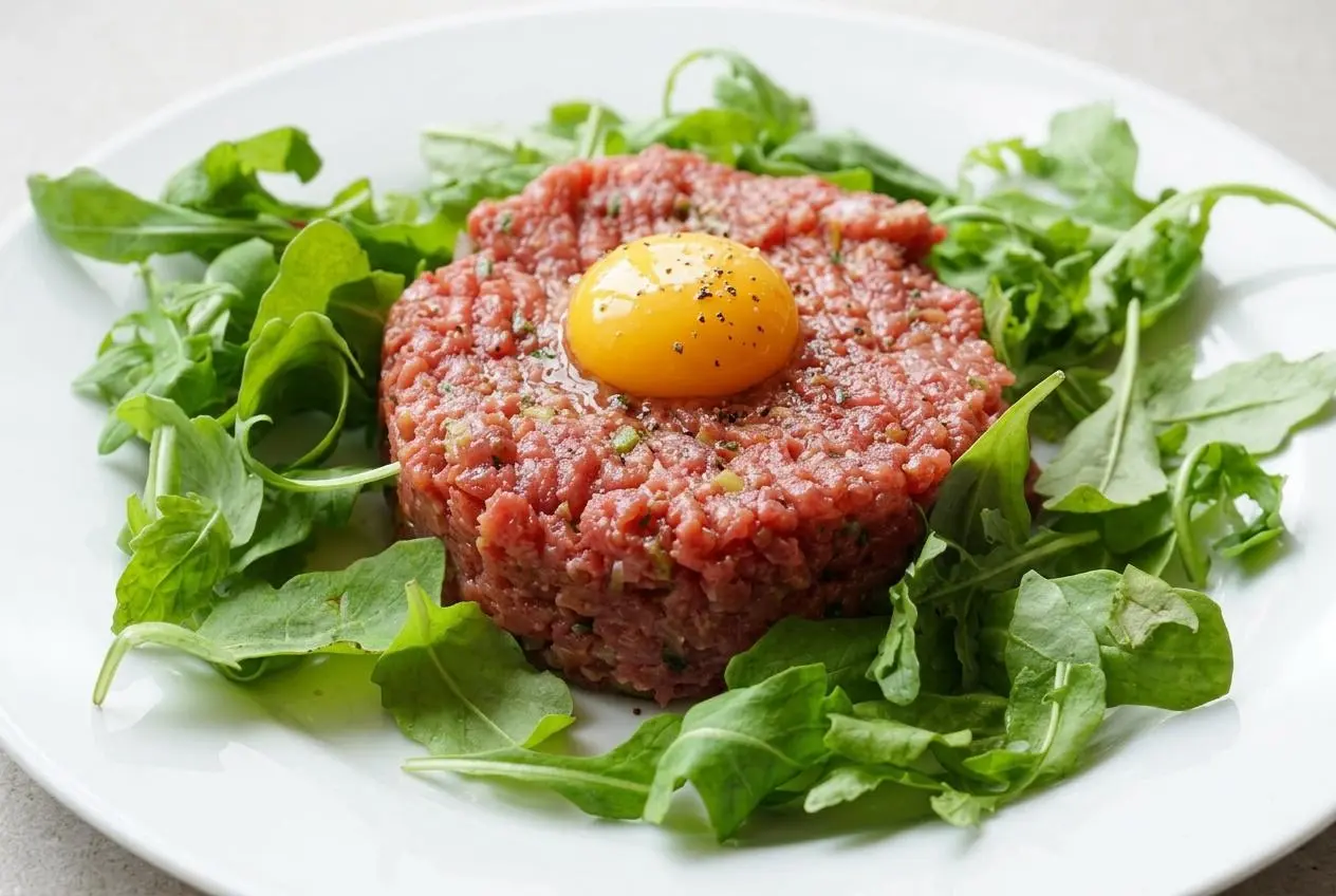 Recette steak tartare classique servi dans une assiette blanche, garni d'un jaune d'œuf cru au centre, avec une texture fraîche et fondante.