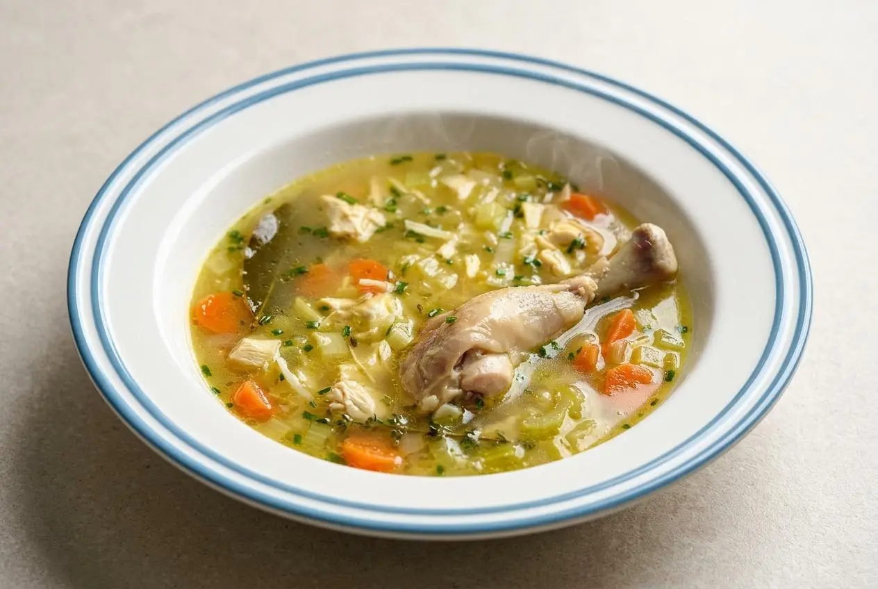 Soupe de poulet classique servie dans un bol en céramique, avec un bouillon doré, des légumes tendres et du poulet effiloché.