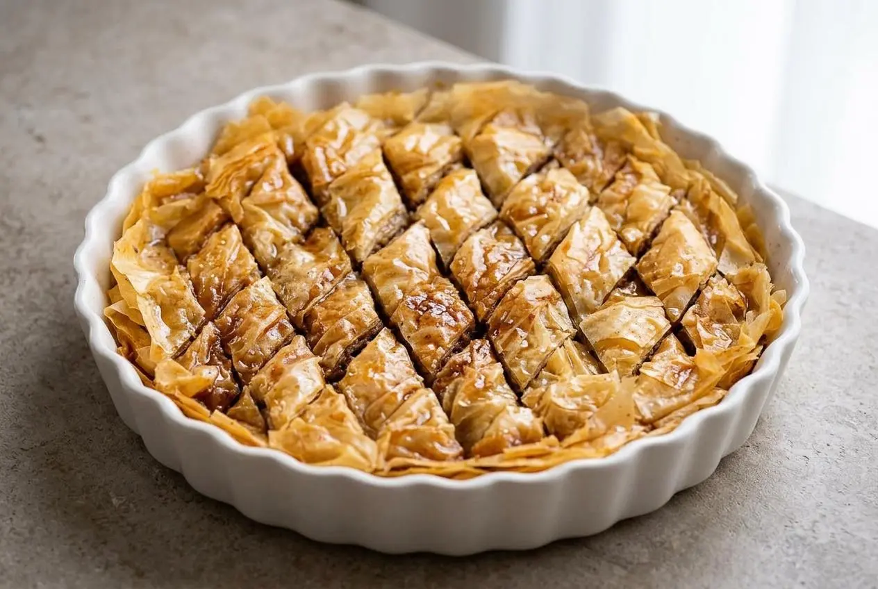 Un grand Baklava à la Grecque rond et doré, fraîchement sorti du four, découpé en losanges et brillant de sirop.