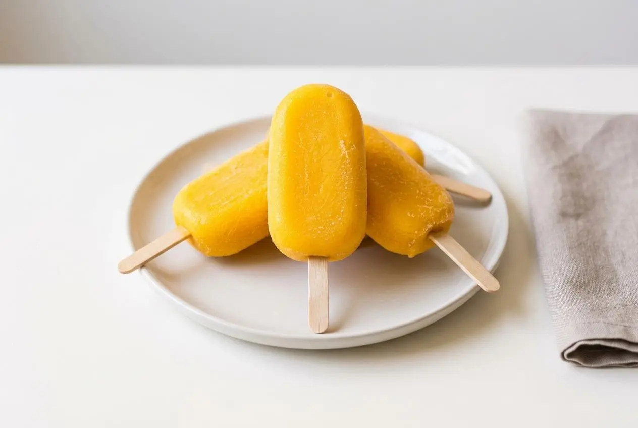 Plusieurs bâtonnets glacés à la mangue d'un orange vif, tenus en éventail et montrant leur texture de sorbet lisse et fruité.