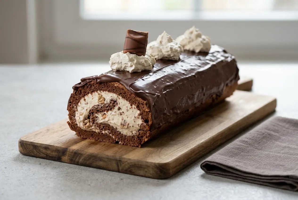 Bûche Kinder Bueno entière nappée de chocolat, décorée de morceaux de Kinder Bueno, avec une tranche coupée révélant le roulé crémeux.